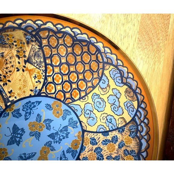 Large Glass Serving Plate w/ Blue Butterflies & Orange Flowers Asian Inspired - Picture 7 of 8
